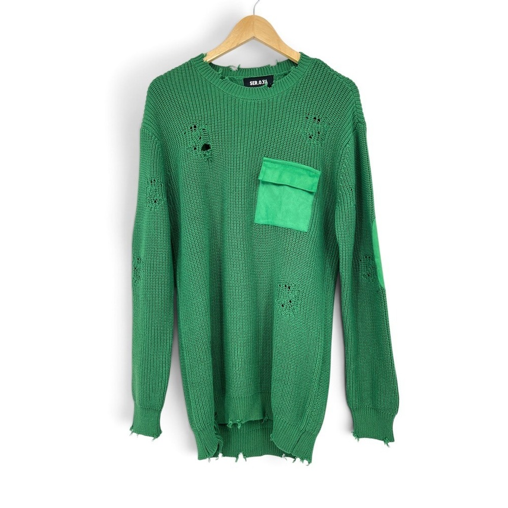 SER.O.YA SEROYA Distressed Green Ribbed Knit Sweater Pocket Elbow Patches S
